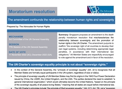 [ai] A document titled 'Moratorium resolution' discussing the relationship between human rights and sovereignty. It summarizes Singapore's proposal to amend the death penalty resolution and outlines the UN Charter's principles regarding sovereign equality.